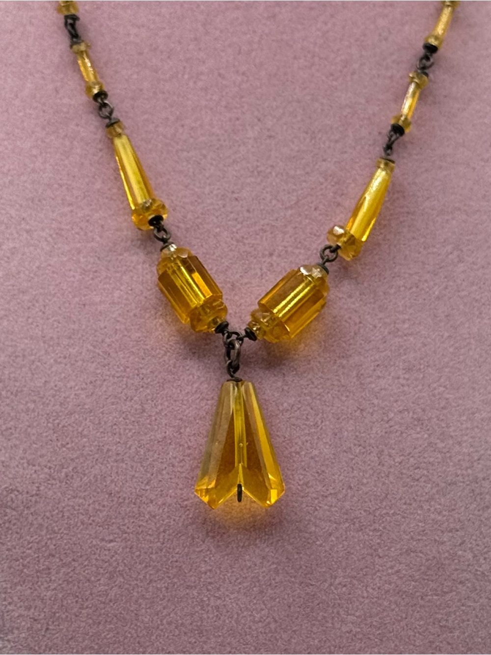 Vintage Amber yellow Glass Pendant Necklace - Elegant Yellow Necklace - Picture 2 of 7